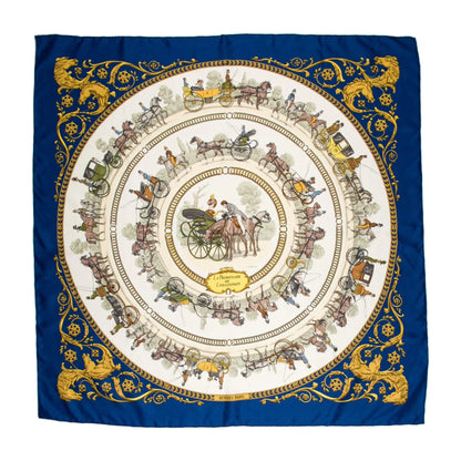 Hermès Carré 90 "LA PROMENADE DE LONGCHAMPS" 100% Silk Scarf in Navy Blue