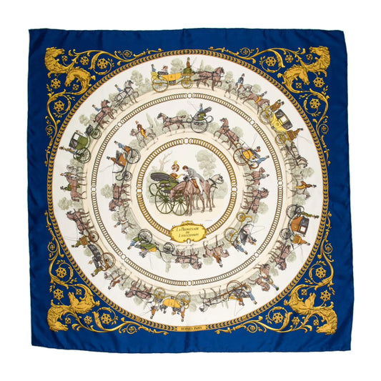 Hermès Carré 90 "LA PROMENADE DE LONGCHAMPS" 100% Silk Scarf in Navy Blue