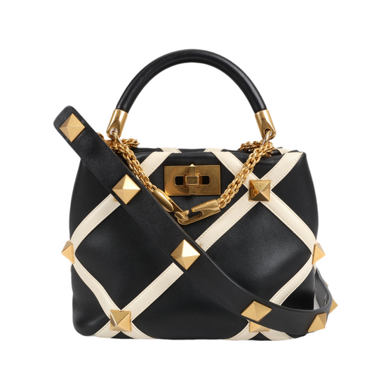 Valentino Garavani Roman Studs Leather 3-way Shoulder Bag in Black x Beige
