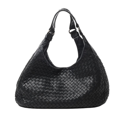 Front view of Bottega Veneta Intrecciato Campana Leather Shoulder Bag 125787 in black woven leather with curved slouchy shape and dual handles, displayed against a white background.