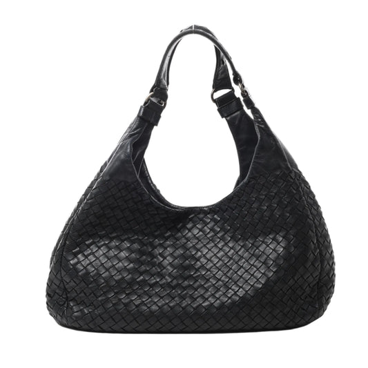 Front view of Bottega Veneta Intrecciato Campana Leather Shoulder Bag 125787 in black woven leather with curved slouchy shape and dual handles, displayed against a white background.