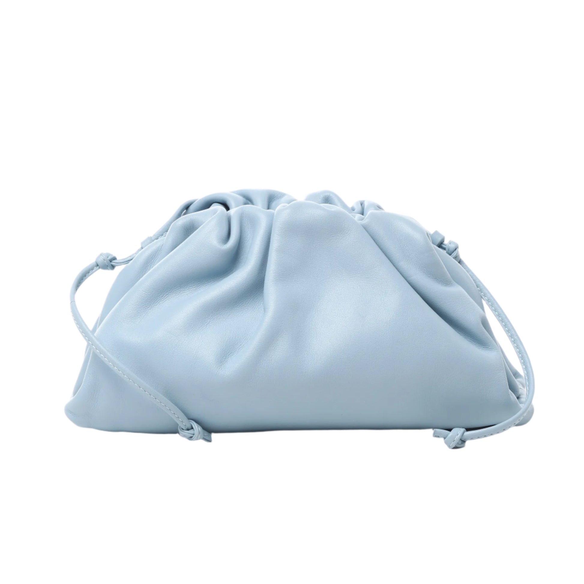 Front view of Bottega Veneta Mini The Pouch Crossbody bag in light blue soft leather with ruched top and thin drawstring strap, displayed against a white background.