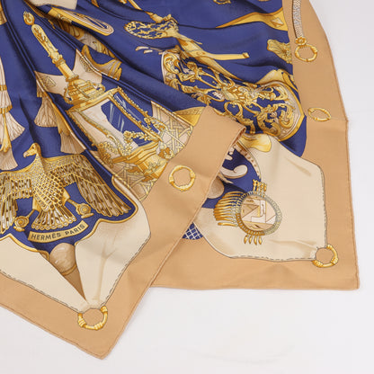 Hermes Carré 90 "soleil de soie" 100% Silk Scarf in Navy x Beige