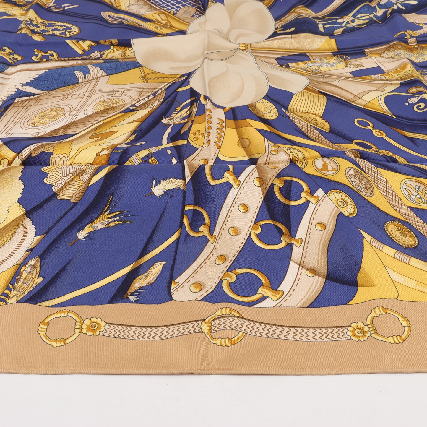 Hermes Carré 90 "soleil de soie" 100% Silk Scarf in Navy x Beige