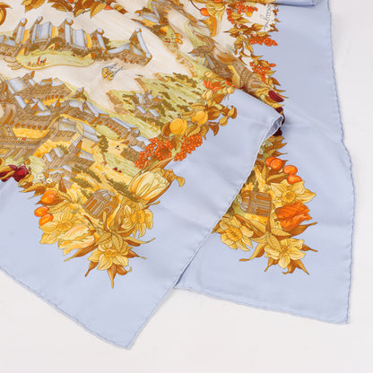 Hermes Carré 90 "Au Pays de Cocagne" 100% Silk Scarf in Blue