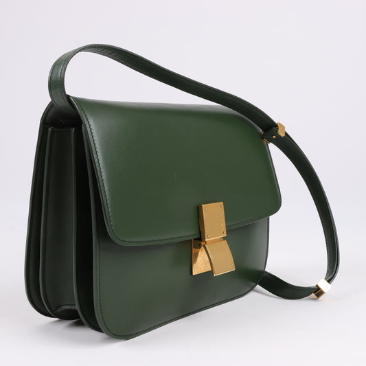 CELINE Classic Box Medium Leather Shoulder Bag in Green