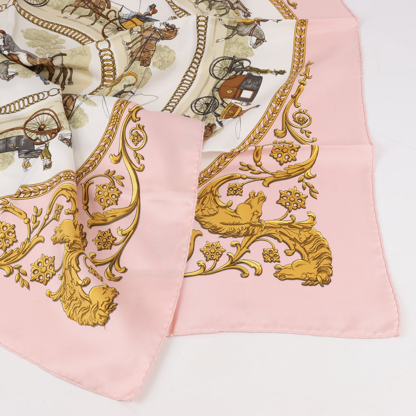 Hermes Carré 90 "LA PROMENADE DE LONGCHAMPS" 100% Silk Scarf in Pink