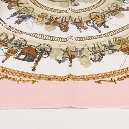 Hermes Carré 90 "LA PROMENADE DE LONGCHAMPS" 100% Silk Scarf in Pink