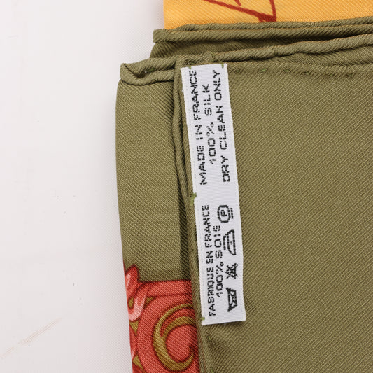 Hermès Carré 90 "Courbettes et Cabrioles" 100% Silk Scarf in Orange x Green