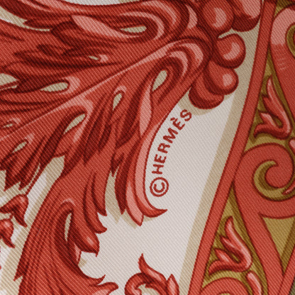 Hermès Carré 90 "Courbettes et Cabrioles" 100% Silk Scarf in Orange x Green