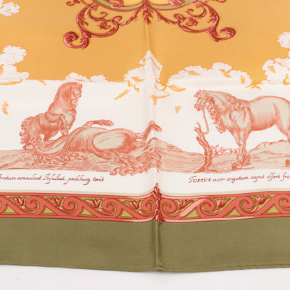 Hermès Carré 90 "Courbettes et Cabrioles" 100% Silk Scarf in Orange x Green