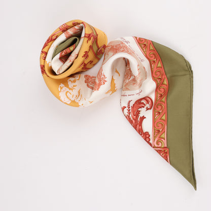 Hermès Carré 90 "Courbettes et Cabrioles" 100% Silk Scarf in Orange x Green