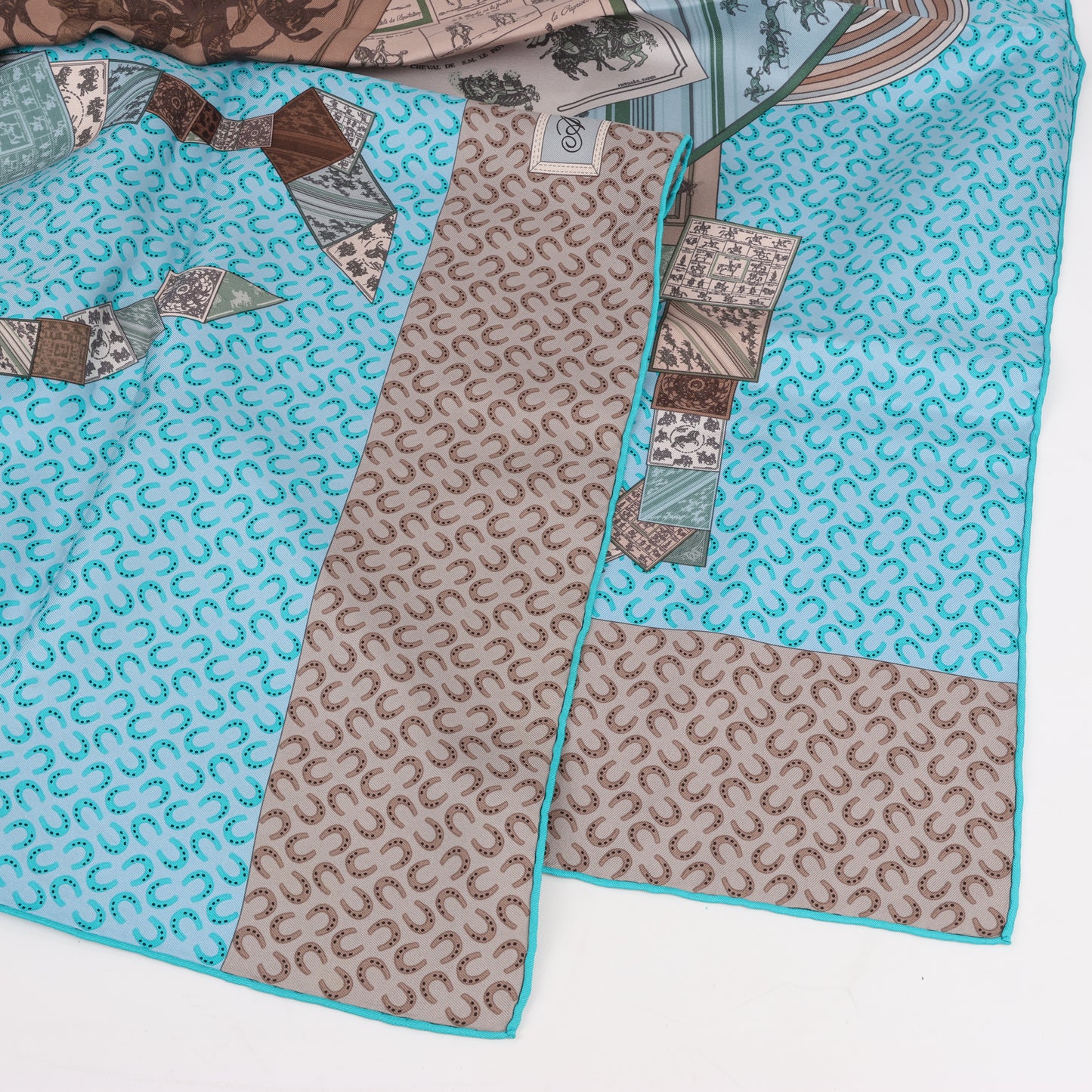Hermès Carré 90 "A Cheval sur mon Carré" 100% Silk Scarf in Blue