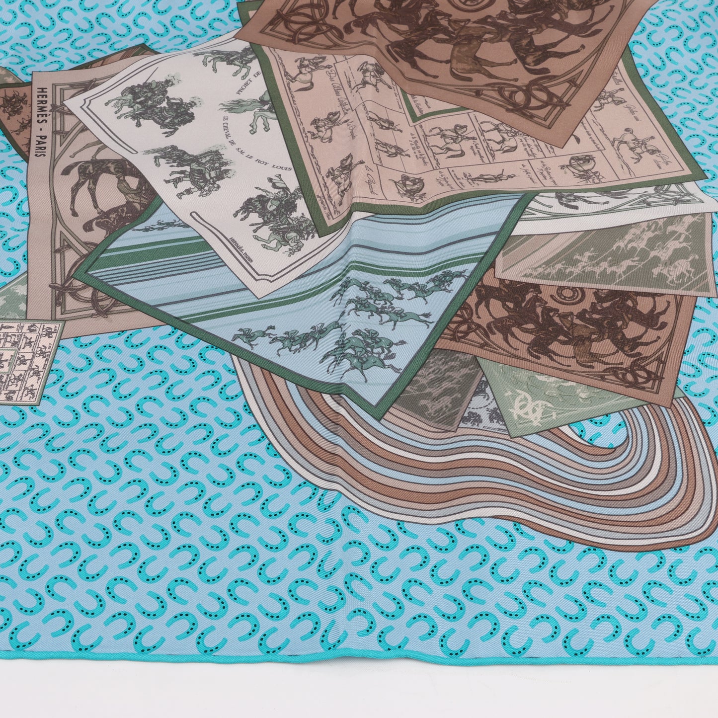 Hermès Carré 90 "A Cheval sur mon Carré" 100% Silk Scarf in Blue