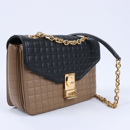 Celine C Sées Medium Leather Chain Shoulder Bag Black × Brown