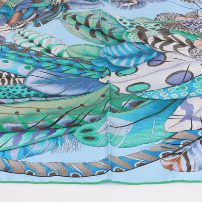 Hermès Carré 90 "PLUMES EN FETE" 100% Silk Scarf in Blue