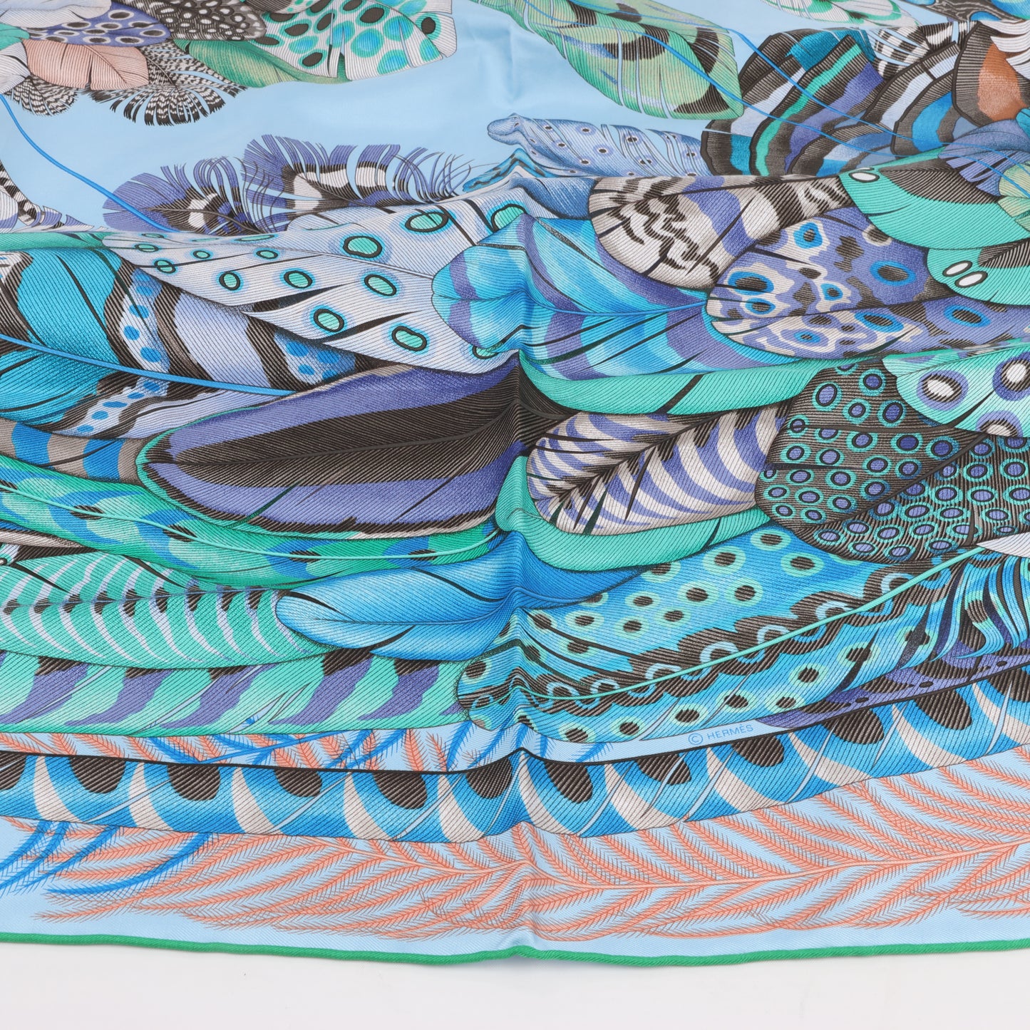 Hermès Carré 90 "PLUMES EN FETE" 100% Silk Scarf in Blue