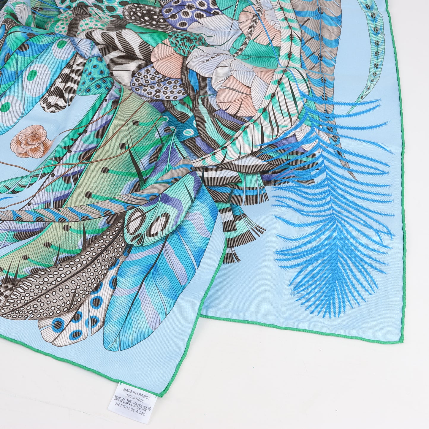 Hermès Carré 90 "PLUMES EN FETE" 100% Silk Scarf in Blue