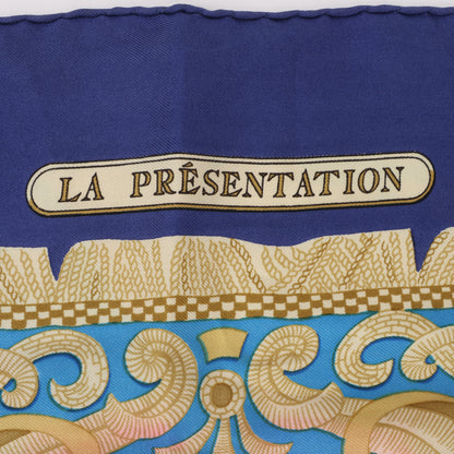 Hermès Carré 90 "LA PRESENTATION" 100% Silk Scarf in Navy Blue