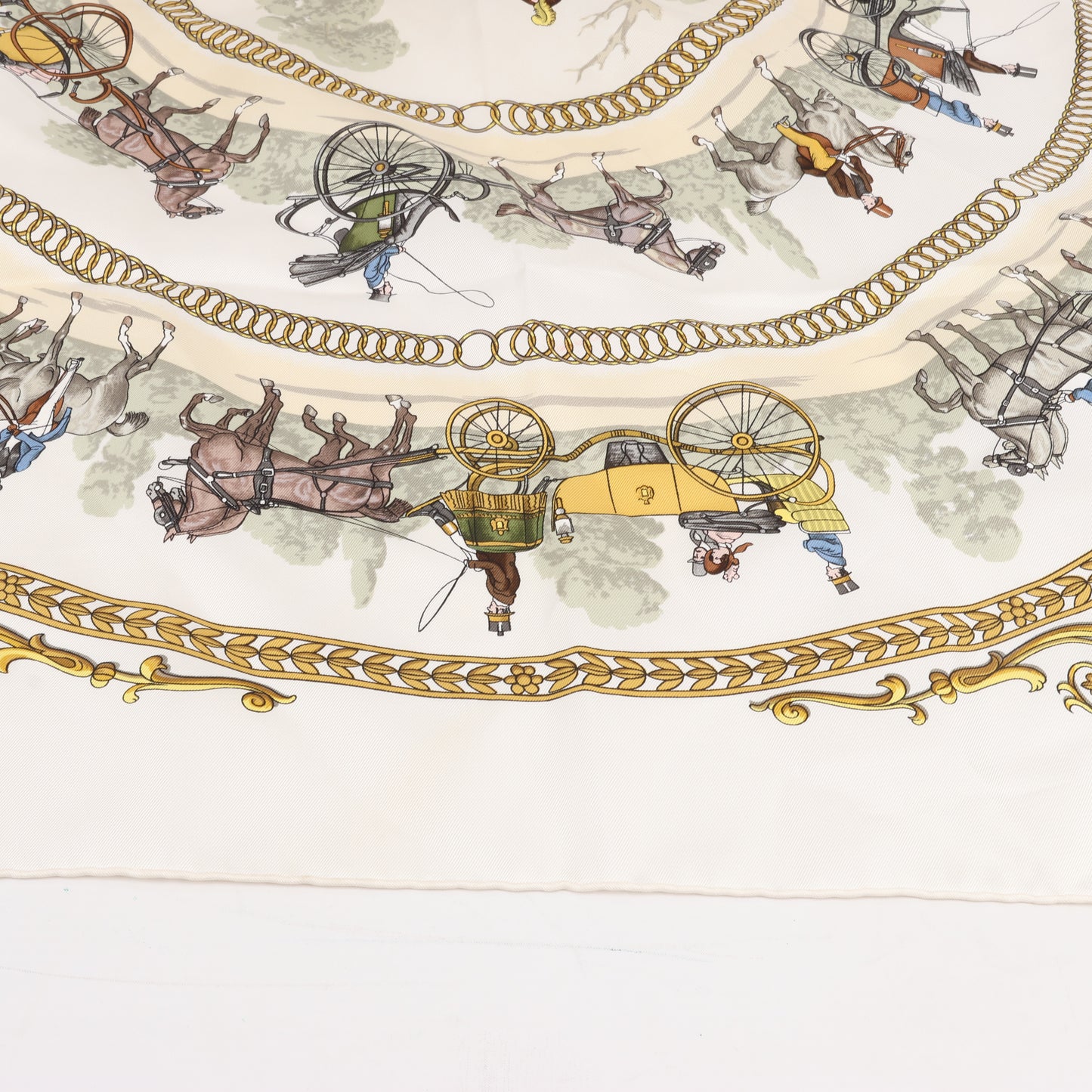 Hermès Carré 90 "LA PROMENADE DE LONGCHAMPS" 100% Silk Scarf in Ecru