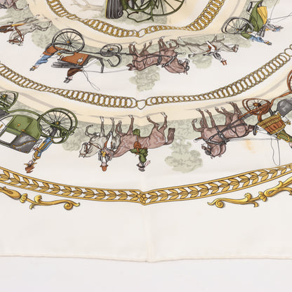 Hermès Carré 90 "LA PROMENADE DE LONGCHAMPS" 100% Silk Scarf in Ecru