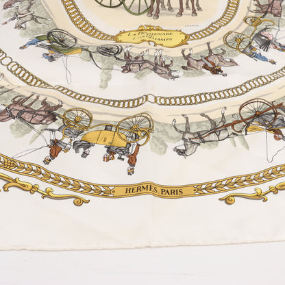 Hermès Carré 90 "LA PROMENADE DE LONGCHAMPS" 100% Silk Scarf in Ecru