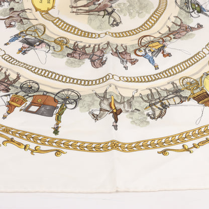 Hermès Carré 90 "LA PROMENADE DE LONGCHAMPS" 100% Silk Scarf in Ecru