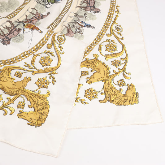 Hermès Carré 90 „LA PROMENADE DE LONGCHAMPS“ Schal aus 100 % Seide in Ecru