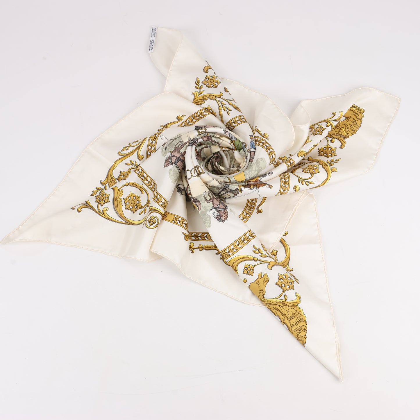 Hermès Carré 90 "LA PROMENADE DE LONGCHAMPS" 100% Silk Scarf in Ecru