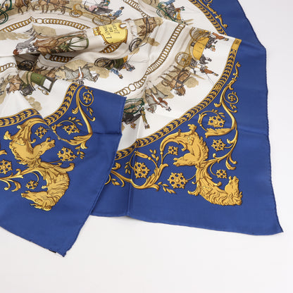 Hermès Carré 90 "LA PROMENADE DE LONGCHAMPS" 100% Silk Scarf in Navy Blue