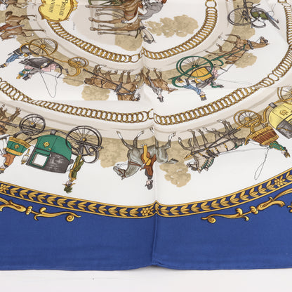Hermès Carré 90 "LA PROMENADE DE LONGCHAMPS" 100% Silk Scarf in Navy Blue