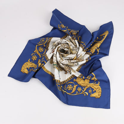 Hermès Carré 90 "LA PROMENADE DE LONGCHAMPS" 100% Silk Scarf in Navy Blue