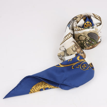 Hermès Carré 90 "LA PROMENADE DE LONGCHAMPS" 100% Silk Scarf in Navy Blue