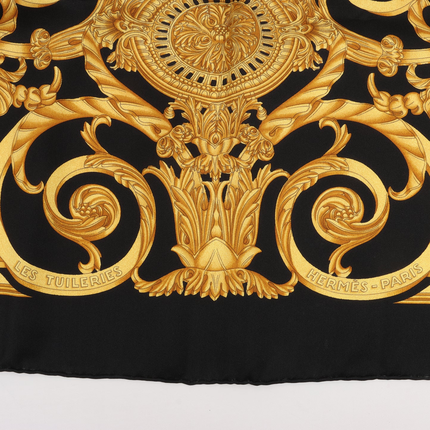 Hermès Carré 90 "LES TUILERIES" 100% Silk Scarf in Black x Gold
