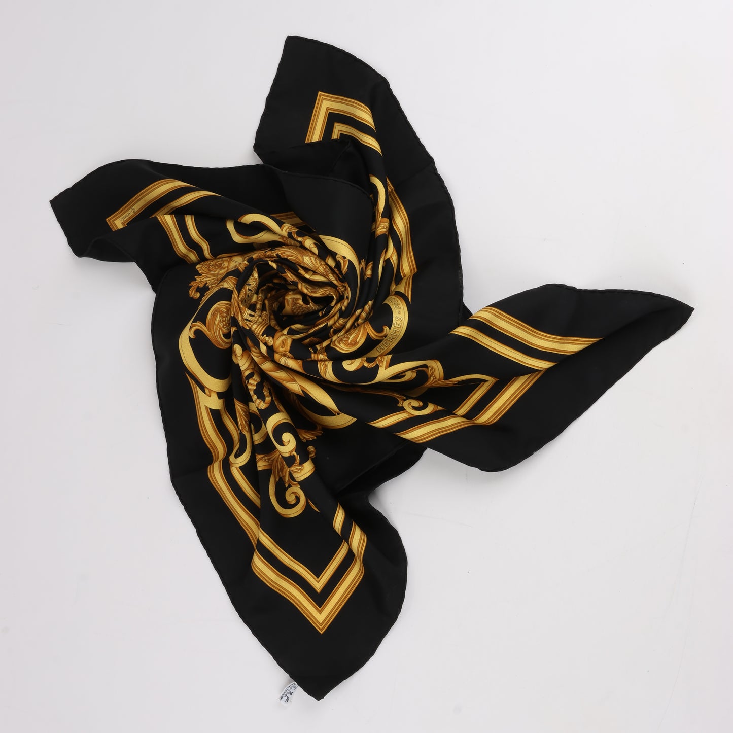 Hermès Carré 90 "LES TUILERIES" 100% Silk Scarf in Black x Gold