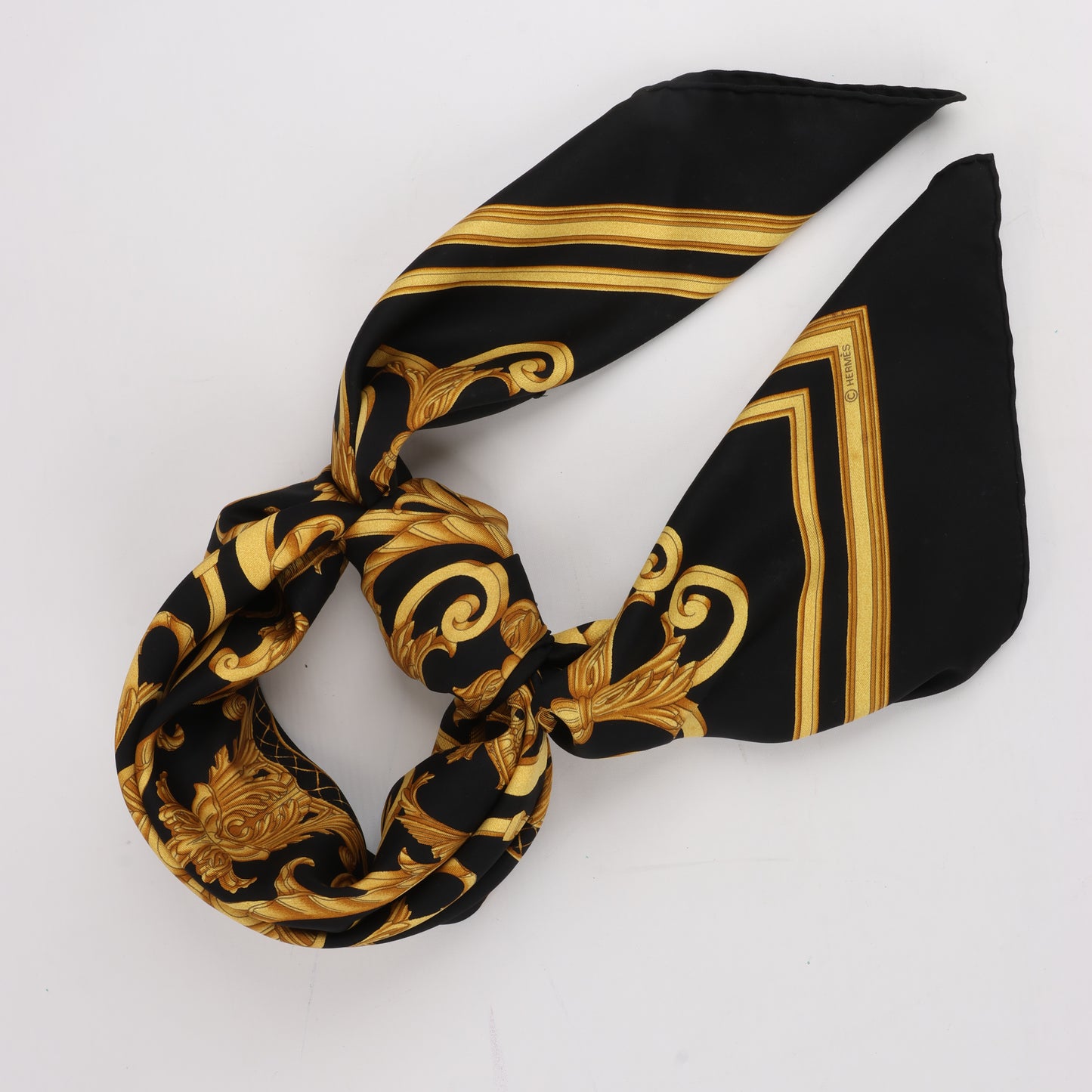 Hermès Carré 90 "LES TUILERIES" 100% Silk Scarf in Black x Gold
