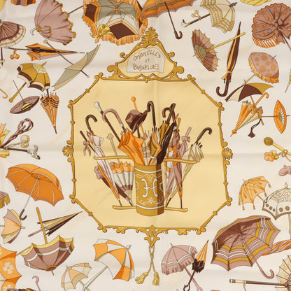 Hermès Carré 90 "OMBRELLES ET PARAPLUIES" 100% Silk Scarf in Yellow