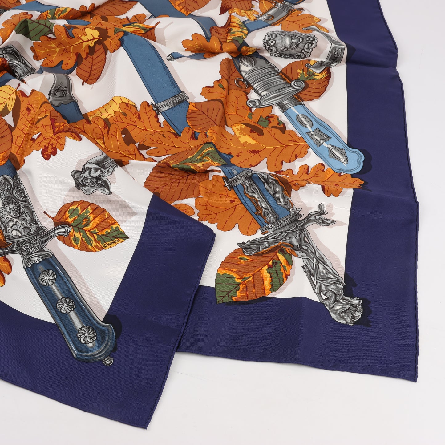 Hermès Carré 90 "AU PLUS DRU" 100% Silk Scarf in Navy Blue
