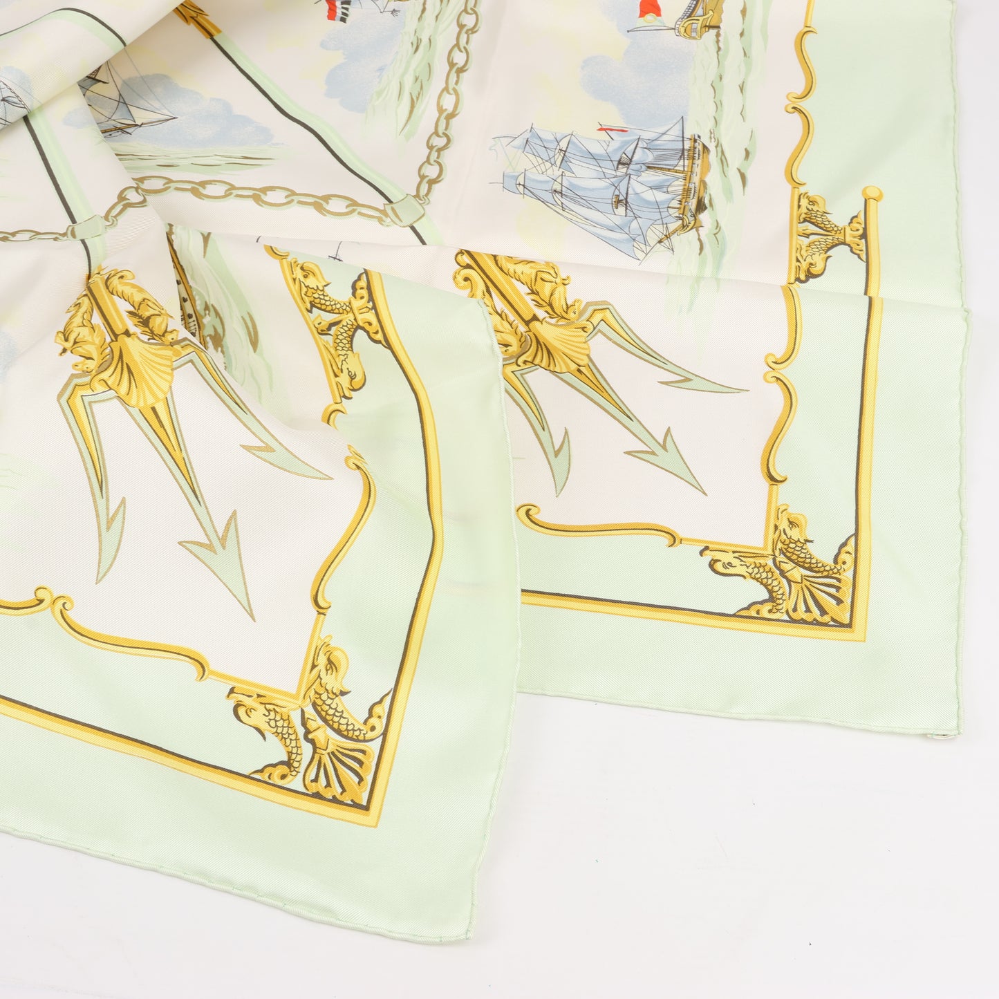 Hermès Carré 90 "La Marine en Bois" 100% Silk Scarf in Green
