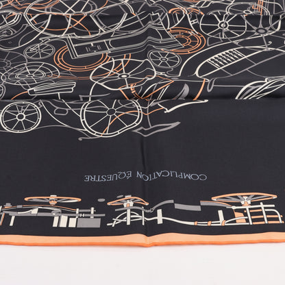 Hermès Carré 90 "COMPLICATION EQUESTRE" 100% Silk Scarf in Black