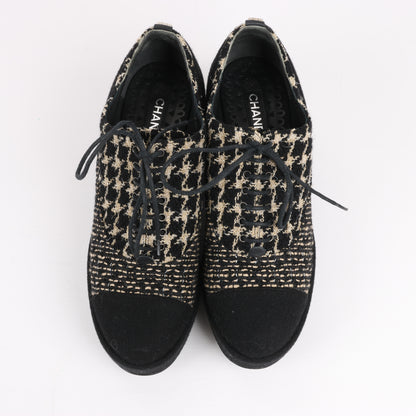 CHANEL Coco Tweed Felt Mark Leder x Stoff Stiefel G31378 in Schwarz x Beige, Größe 37 EU