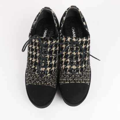 CHANEL Coco Tweed Felt Mark Leder x Stoff Stiefel G31378 in Schwarz x Beige, Größe 37 EU