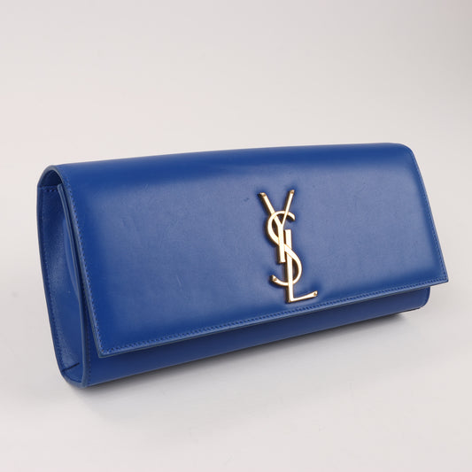 Saint Laurent Paris Kate Monogramme Clutch aus glattem Leder in Blau Majorelle