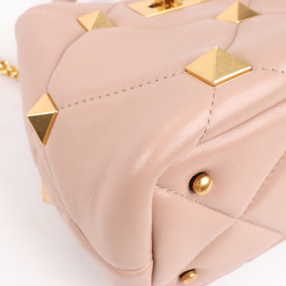 Sac à main 3 compartiments en cuir Roman Studs Valentino Garavani beige poudré