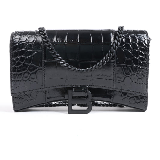 Balenciaga – Hourglass – Schultertasche in Kroko-Optik in Schwarz