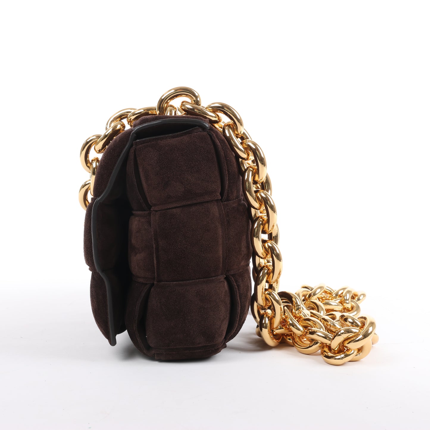Bottega Veneta gepolsterte Kettenkassetten-Maxi-Schultertasche aus Intrecciato-Wildleder in Braun