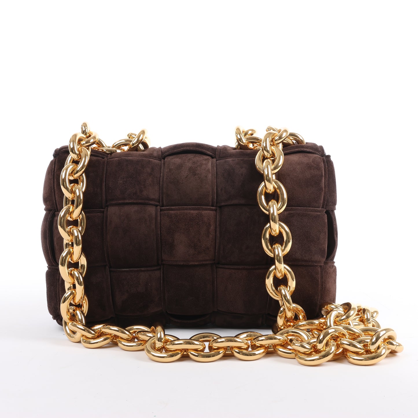 Bottega Veneta gepolsterte Kettenkassetten-Maxi-Schultertasche aus Intrecciato-Wildleder in Braun