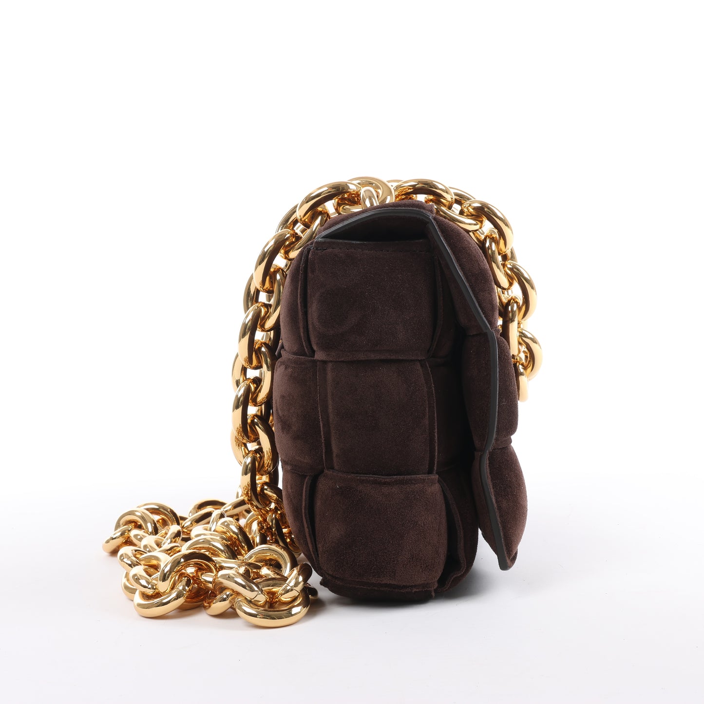 Bottega Veneta gepolsterte Kettenkassetten-Maxi-Schultertasche aus Intrecciato-Wildleder in Braun