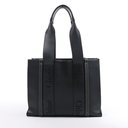 Chloe Woody Medium Leder-Einkaufstasche Schwarz