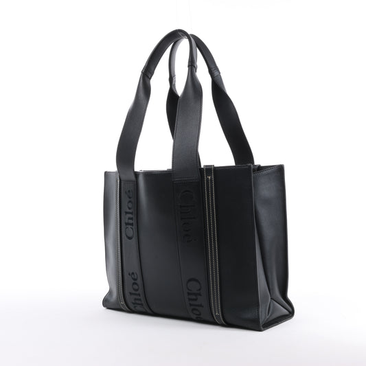 Chloe Woody Medium Leder-Einkaufstasche Schwarz